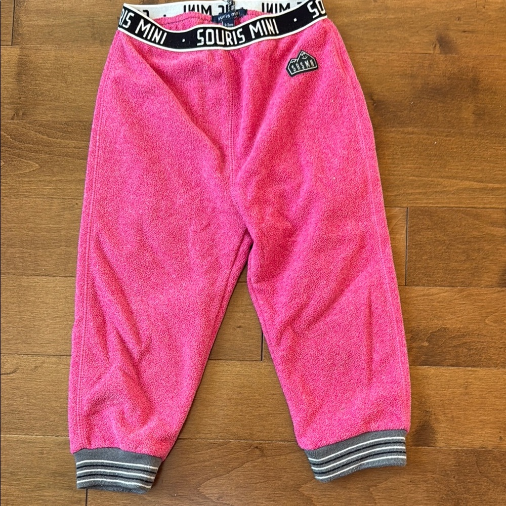 Vibrant Pink Sweatpants with Black Waistband and Striped Cuffs 2T